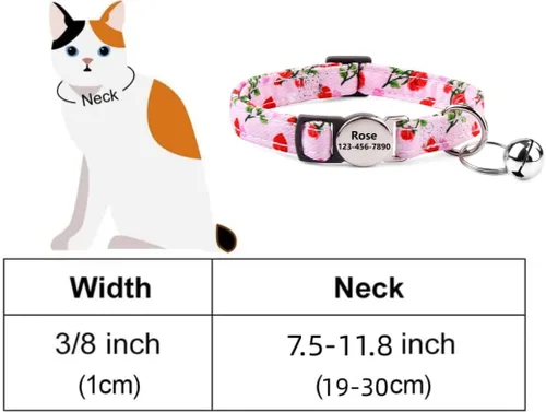 Vista 5 de Collar de gato con nombre de identificación, placa de número de teléfono, patrón floral grabado personalizado, collar de gatito con campana, azul a