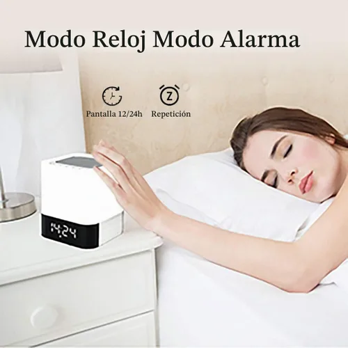 Vista 4 de Altavoz Bluetooth con luces nocturnas, reloj despertador inalámbrico Bluetooth, lámpara de noche con sensor táctil, luces nocturnas que cambian
