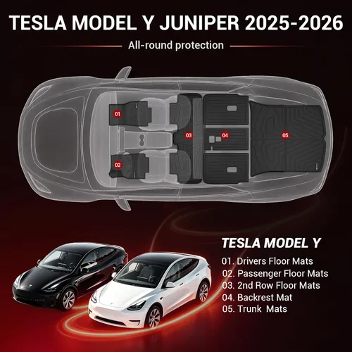 Vista 3 de MOSTPLUS Alfombrillas para Tesla Modelo Y Juniper 2025 2026 para todo tipo de clima, TPE con alfombrilla de carga trasera y alfombrilla de respaldo