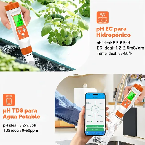 Vista 6 de Medidor de pH para agua, medidor inteligente de pH TDS EC para agua hidropónica Naranja-4