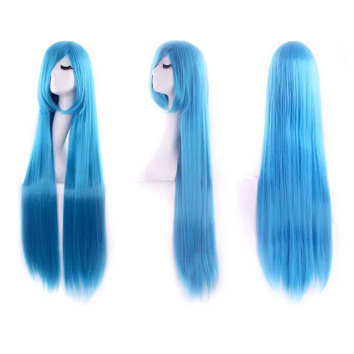 Vista 4 de MapofBeauty - Peluca para anime de 40 pulgadas de largo y lisa para fiesta de cosplay (azul cian)