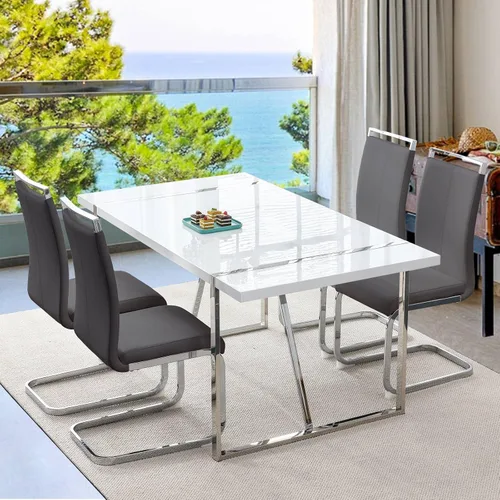 Vista 35 de Mesa de comedor Ebullient para 4, mesa de comedor rectangular negra de MDF, tapa de mesa de cena de mármol falso, mesa de comedor moderna con marco