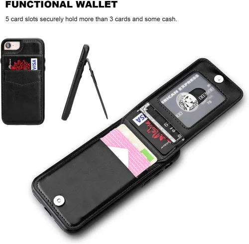 Vista 4 de KIHUWEY Funda tipo cartera para iPhone SE iPhone 7/8 con tarjetero de crédito, cierre magnético de cuero de primera calidad, resistente función Negro