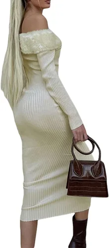 Vista 2 de Vestido midi sexy con hombros descubiertos y manga larga para mujer, vestido tipo suéter de punto sin espalda, vestido dividido para fiestas y clubes