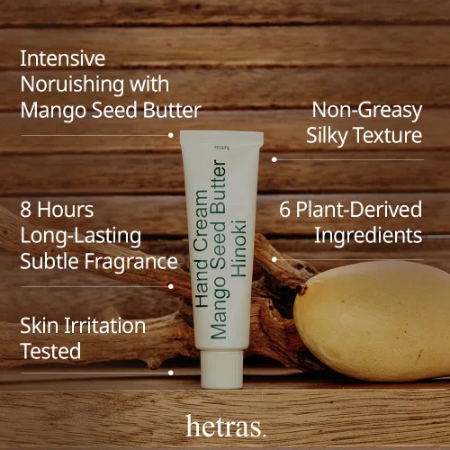 Vista 2 de hetras. Crema de manos con perfume Hinoki - Aroma fresco de ciprés Hidratante de manos coreano sutil perfumado con semilla de mango y manteca