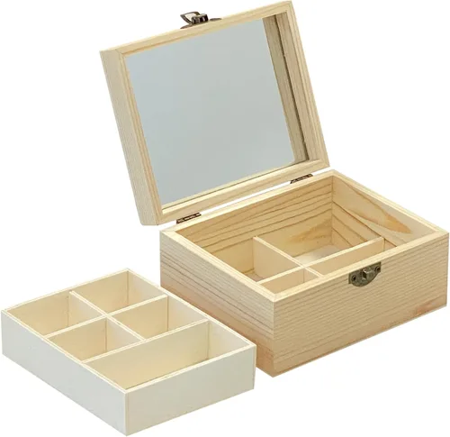 Vista 2 de Paquete de 3 joyeros de madera de superficie sin terminar (6 x 4.7 x 3 pulgadas), caja pequeña de madera con espejo de vidrio