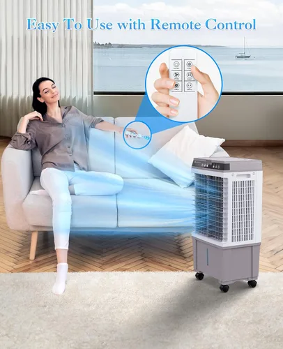 Vista 4 de Enfriador de aire portátil con tanque de agua de 5.3 galones, enfriador de aire evaporativo de 1800 CFM con 4 cajas de hielo, oscilación de 120°