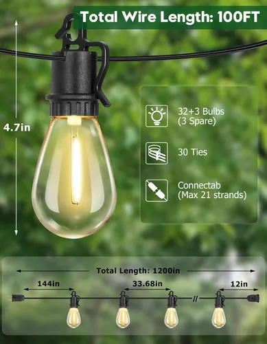 Vista 3 de Guirnalda de luces para exteriores de 100 pies con 35 ofertas de patio inastillables S14 bombillas Edison vintage E12, luces regulables de 2700 K
