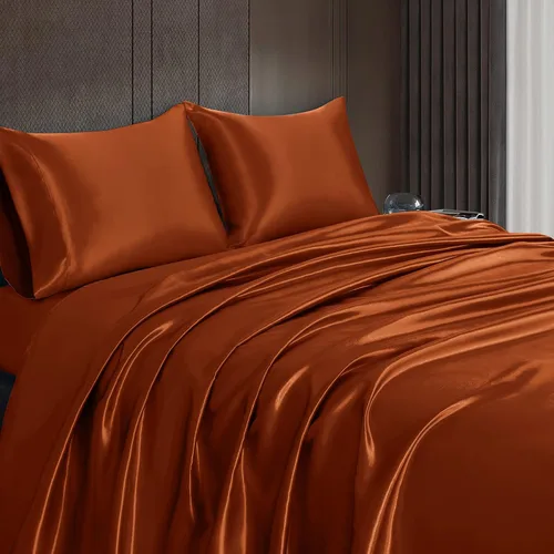 Vista 14 de Juego de sábanas de satén de 4 piezas con bolsillo profundo de 18 pulgadas, juego de ropa de cama de satén sedoso marrón camello de lujo con 1