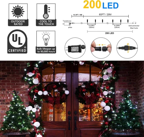 Vista 2 de weillsnow Guirnalda de luces blancas de Navidad enchufables, 200 luces LED de 66 pies, impermeables, 8 modos con memoria para exteriores