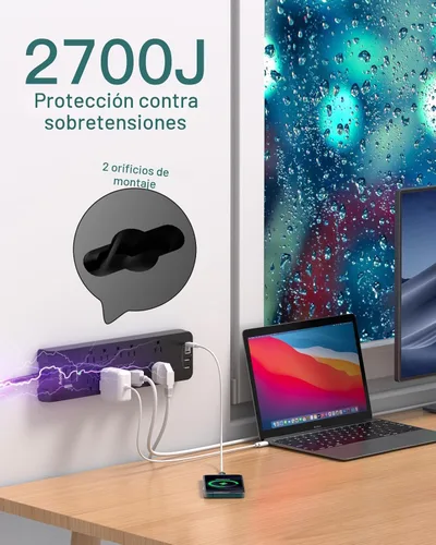 Vista 4 de Addtam - Regleta de alimentación con 10 tomas y 4 puertos USB (2 USB C), 2700J, 6 pies Extension Cord with Multiple Outlets, Surge Protector Power