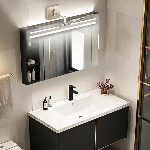Vista 6 de Moderna lámpara de tocador negra ajustable LED para baño sobre espejo giratorio (níquel, 23.6 pulgadas, 5CCT regulable)