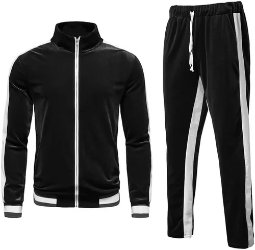 Vista 2 de KISSQIQI Chándal de 2 piezas con cremallera completa para hombre, trajes deportivos de terciopelo dorado, trajes casuales, chaqueta y pantalones