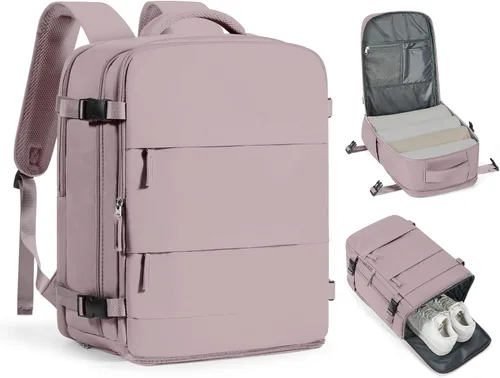 Vista 30 de Mochila de viaje grande, bolsa de mano, aprobada para aviones, para artículos personales, para hombre o mujer, color beige con marrón