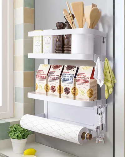 Vista 10 de Organizador de estante para refrigerador, soporte magnético para toallas de papel, para cocina, refrigerador, especias, almacenamiento (negro)