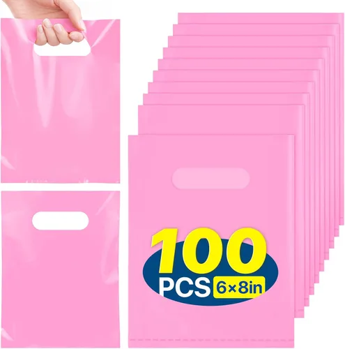 Vista 15 de ANZNKU 100 bolsas de regalo pequeñas multicolor con asa para dulces, muestras de bocadillos, manualidades, bolsa de regalo de plástico a granel