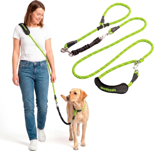 Vista 10 de Correa doble premium para dos perros, absorción de golpes, antitirón, doble correa para razas medianas y grandes con accesorio de correa doble
