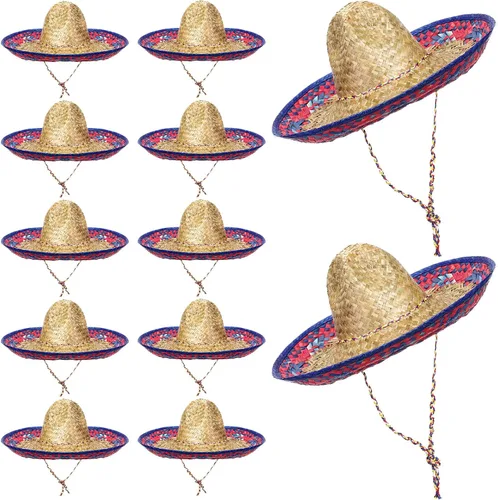 Vista 8 de Mumufy 12 sombreros para adultos, hombres y mujeres, con sombrero de paja para barbilla, fiesta de disfraces mexicanos (color clásico)