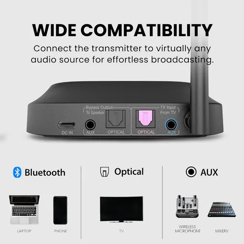 Vista 8 de Avantree Quartet 2 - Auriculares inalámbricos y transmisor de escucha grupal para TV, iglesia, aula, discotecas silenciosas, Plug & Play, sistema
