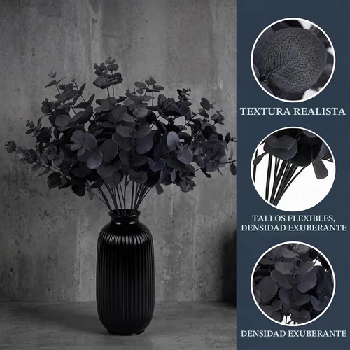 Vista 3 de GREENTIME Paquete de 2 tallos de eucalipto negro con 20 ramas de 18.5 pulgadas, ramo de flores artificiales para jarrón, decoración de mesa de boda