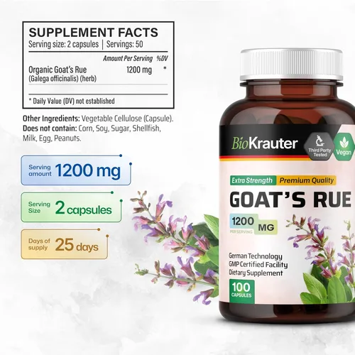 Vista 3 de BIO KRAUTER® Goats Rue for Breastfeeding - Suplemento de lactancia vegano puro - Goat's Rue 100 cápsulas 1200 mg por porción - Suplementos naturales