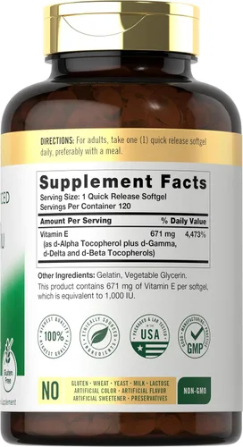 Vista 2 de Carlyle Cápsulas blandas de vitamina E de 1000 UI con tocoferoles mixtos 120 píldoras Suplemento de origen natural Fórmula sin OMG y sin