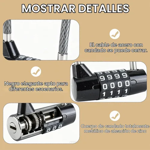 Vista 3 de Cerraduras de cable de 4 dígitos con combinación, bloqueo de cable de acero con código reajustable para muebles de patio, recortadoras de malezas