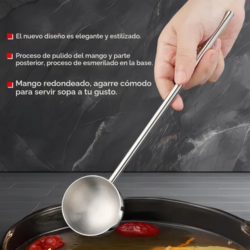 Vista 3 de Cucharón de sopa pequeño SUS304 de acero inoxidable con boquilla para verter 2 onzas, cucharones de salsa de mango largo, resistentes al calor