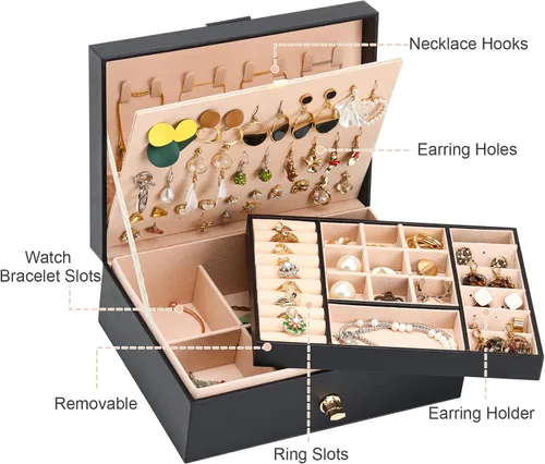 Vista 5 de Fixwal Joyero de aretes para mujeres, niñas y hombres, caja organizadora de joyas negra, caja organizadora de aretes de cuero, caja de aretes