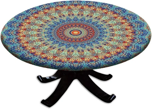 Vista 110 de Mantel redondo ajustable con borde elástico floral azul, mantel con borde elástico de estilo floral pastoral, almohadilla de mesa de poliéster