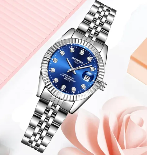 Vista 3 de Reloj clásico de acero inoxidable plateado impermeable de cuarzo analógico de moda para mujer