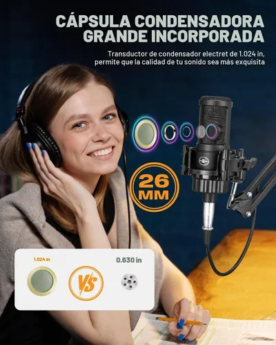 Vista 2 de Micrófono XLR para Podcast, Micrófono Condensador Cardioide Profesional de Estudio XLR con Diafragma Grande de 26mm para Grabación, Streaming