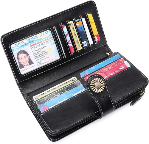 Vista 6 de Cartera de cuero genuino para mujer con correa, 24 ranuras para tarjetas, 2 compartimentos para tarjetas de identificación, ventanas para efectivo