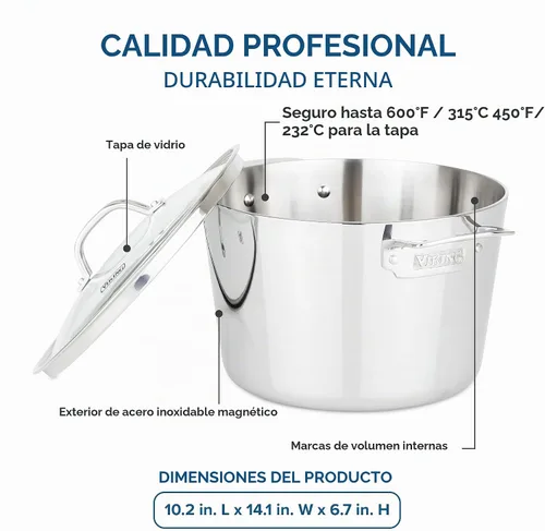 Vista 4 de Viking Olla de Cocción Contemporánea de Acero Inoxidable de 3 Capas, Olla para Sopa de 8 Cuartos con Tapa, Utensilios de Cocina