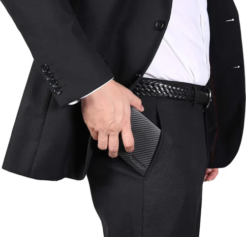 Vista 7 de NUMBER.WU 2 ID ventana carteras para hombres bloqueo RFID hombres de fibra de carbono doble cuero genuino trifold cartera para hombre, Negro, M