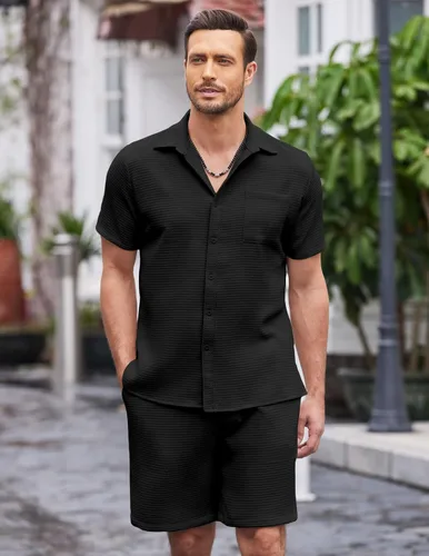 Vista 3 de COOFANDY Conjunto corto de 2 piezas para hombre, camisa de manga corta con botones y pantalones cortos