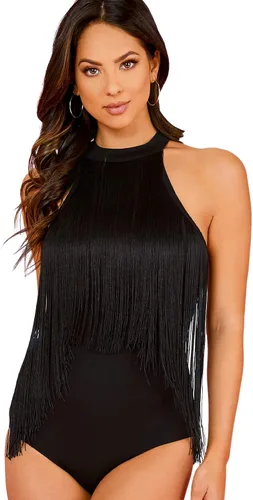 Vista 2 de Verdusa - Body halter sin mangas con ribete de flecos para mujer