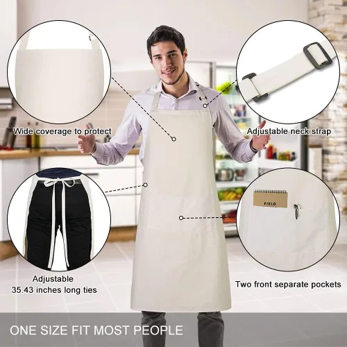 Vista 2 de Jubatus Paquete de 2 delantales 100% algodón con 2 bolsillos para cocinar, cocinero, delantal ajustable para mujeres y hombres, color beige