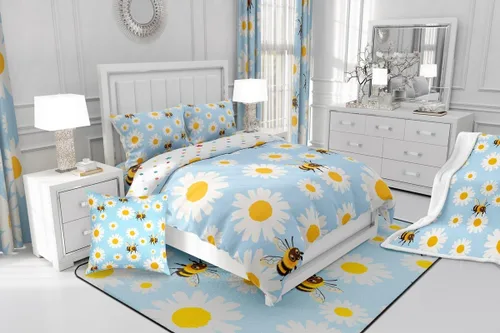 Vista 8 de Erosebridal Juego de edredón de abeja de dibujos animados, tamaño individual, juego de ropa de cama floral de margarita blanca lisa para niños