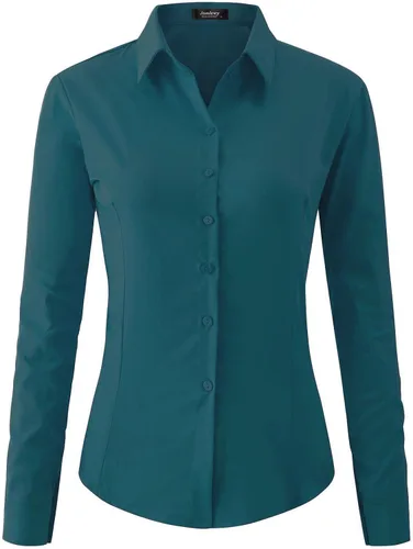 Vista 12 de Jonivey - Camisa de vestir de manga larga elástica con botones para mujer, suave, sin arrugas, para trabajo, casual, negocios, oficina