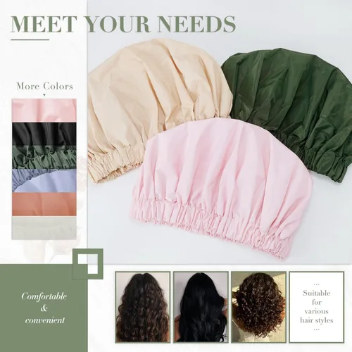Vista 4 de Gorro de ducha reutilizable para mujer, grande, impermeable, lavable, banda elástica, accesorios de baño, sombrero para cabello largo, trenzas Beige