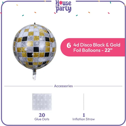 Vista 3 de HOUSE OF PARTY Globos de bola de discoteca 4D dorados y negros, 6 unidades, globos de aluminio de Mylar de 22 pulgadas para decoraciones de fiesta