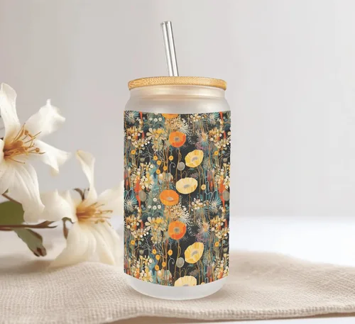 Vista 6 de Fall Nature Pattern Frosted Glass Can with Bamboo Lid & Straw 16 Oz Autumn Floral Glass Cup, Sublimated Gift Mugzan