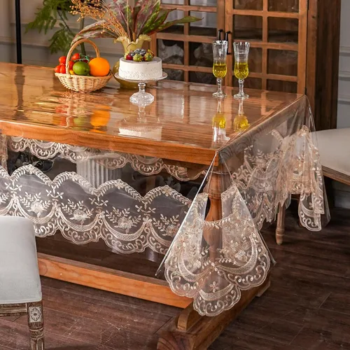Vista 15 de ARTABLE Mantel rectangular de vinilo de PVC, impermeable, transparente, con borde de macramé de encaje champán, para boda, cocina, hogar