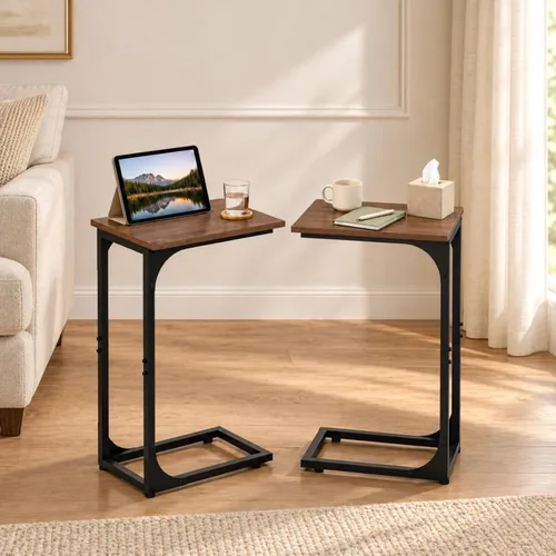 Vista 14 de Mesa auxiliar en forma de C para sofá, soporte de café pequeño, bandeja de sofá con marco de metal, parte superior de madera impermeable resistente