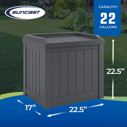 Vista 3 de Suncast Paquete de 2 cajas de almacenamiento pequeñas de 22 galones para interiores o exteriores, con atractivo asiento de banco y tapa reforzada