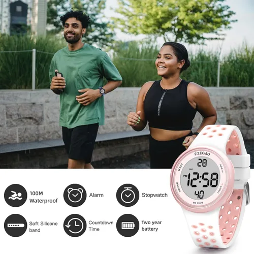 Vista 3 de Reloj digital unisex de 10ATM con cronómetro, alarma, cuenta regresiva, doble hora con banda de silicona suave de doble inyección, Rosa-Blanco