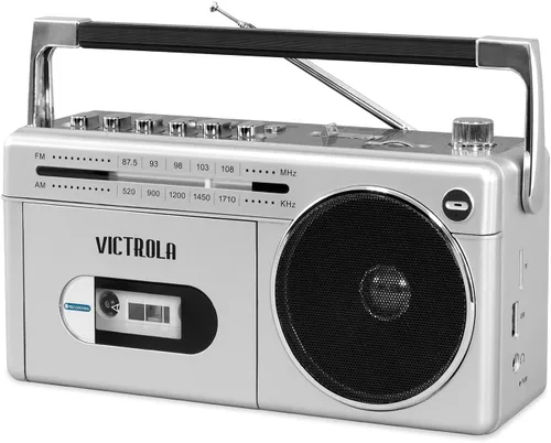 Vista 5 de Victrola Mini Boombox Bluetooth con reproductor de cassette, grabadora y radio Am/FM, gris