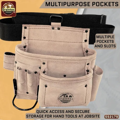 Vista 3 de Graintex 5 Pocket Suede Leather Tool Belt/Bag, Multipurpose Leather Tool Belt for Women and Men, Ideal for Construction, Electrician, Handymen Beige