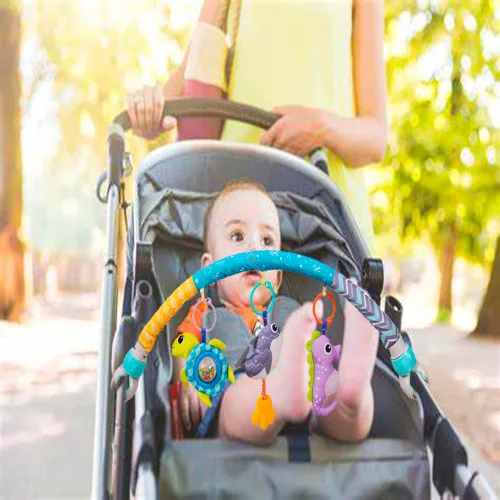 Vista 5 de Juguetes de arco de cochecito de bebé, cuna móvil para bebés ajustable moisés móvil con abrazadera universal, barra de juguete de actividad para Azul